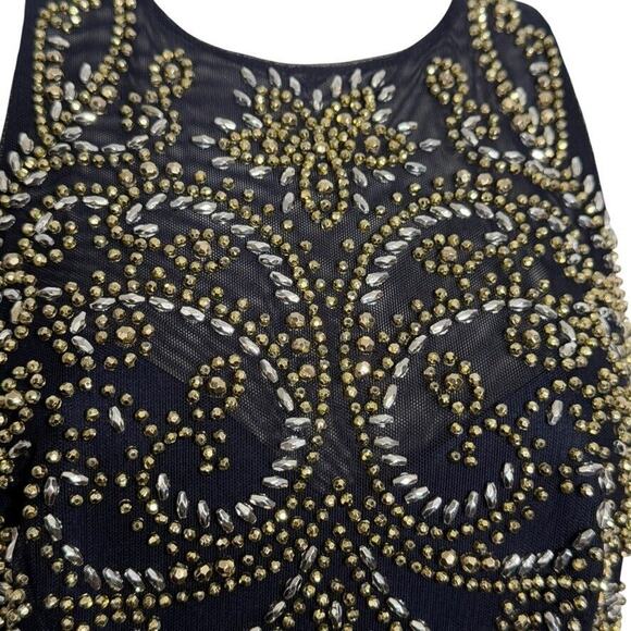Cachet Womens Formal Beaded Illusion Neck USA Made Y2K Navy Dress Long sz 4 - Picture 5 of 15